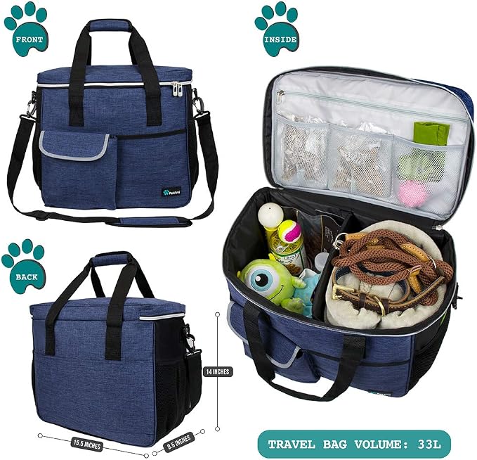 PetAmi Dog Travel Bag Organizer, Pet Travel Kit with 2 Food Containers & 2 Collapsible Dog Bowls, Pet Supplies Tote with Luggage Sleeve, Weekend Road Trip Camping Essentials, Navy Blue, Large - Image 2
