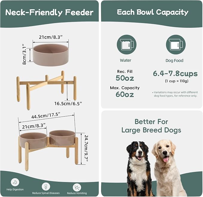 Havniva Elevated Dog Bowls Ceramic Dog Bowls with Stand, Dog Food Bowl | 8.3” Raised Dog Bowls with Non-Slip Wood Stand, Dog Food and Water Bowl Set, Double Dog Feeding Bowls for Large Dogs - Image 2