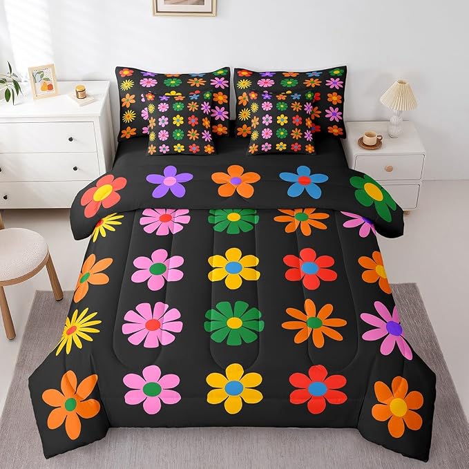 Feelyou Cute Flower 7 Piece Bedding Set Queen Size Colorful Flower Comforter Set with Sheets for Kids Boys Girls Black Colorful Bed in a Bag Kawaii Theme Bed Set by Feelyou