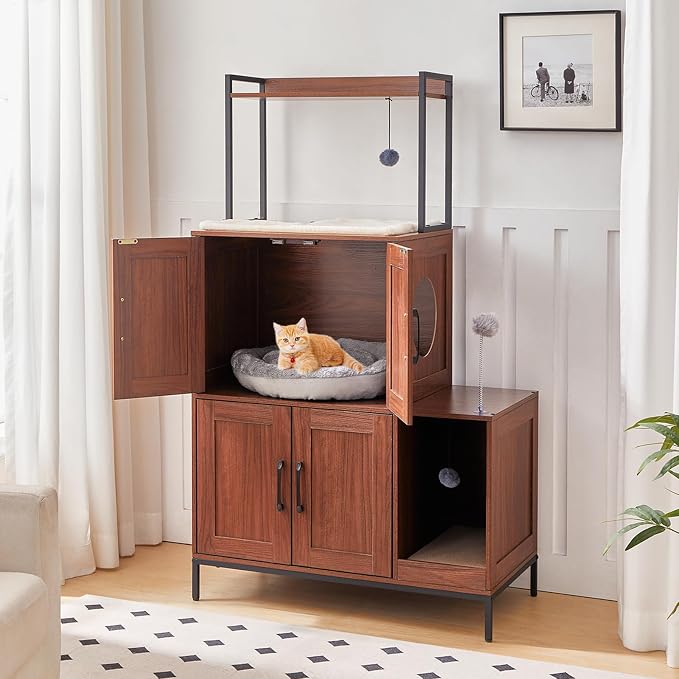 HOOBRO Litter Box Enclosure, Litter Box Furniture with Storage, 2-in-1 Hidden Cat Furniture with Shelf, 2 Dangling Plush Balls and 1 Toy Ball, Large Wooden Cat Washroom, Walnut WL78MW01 - Image 4