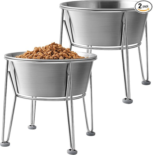 Elevated Dog Bowls for Medium&Small Dogs - Stainless Steel 48oz/6 Cups Raised Feeder with Non-Slip Base, Dual Food & Water Bowls 2-Pack by Wellbro
