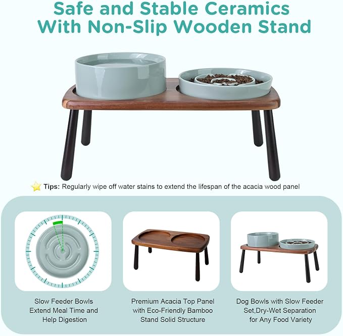 SPUNKYJUNKY Ceramic Elevated Dog Bowls with Slow Feeder Raised Acacia Bamboo Wooden Stand, 8.3'' Dog Food Water Bowls Set Non-Slip for Medium Large Sized Breed Microwave Dishwasher Safe - Light Green - Image 5