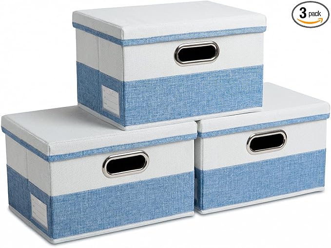 PRANDOM Storage Bins with Lids [3-Pack] Linen Fabric Foldable Storage Boxes Organizer Containers Baskets Cube with Cover for Bedroom Closet Office Blue&White（11.4X8.6X6.7 by Prandom