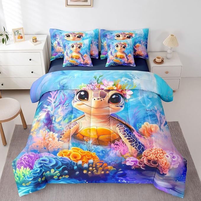 Erosebridal Lovely Turtle King Size 7-Piece Bedding Set for Home, Reptile Tortoise Bed in A Bag, Underwater World Sea Animal Comforter Set with Sheets, Colourful Coral Bedding Comforter Sets - Image 3