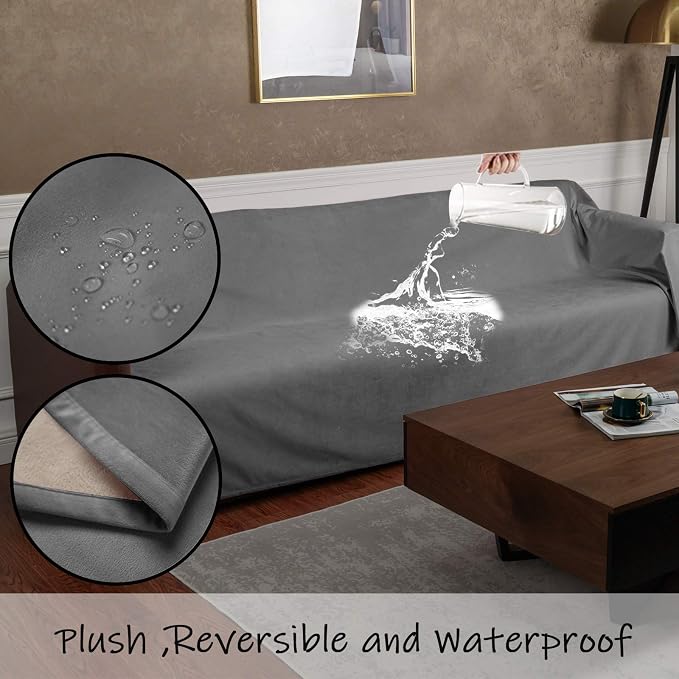 Ameritex Pet Bed Blanket Reversible 100% Waterproof Velvet Super Soft for Sofa and Bed (82x82 Inches, Light Grey+Beige) - Image 3