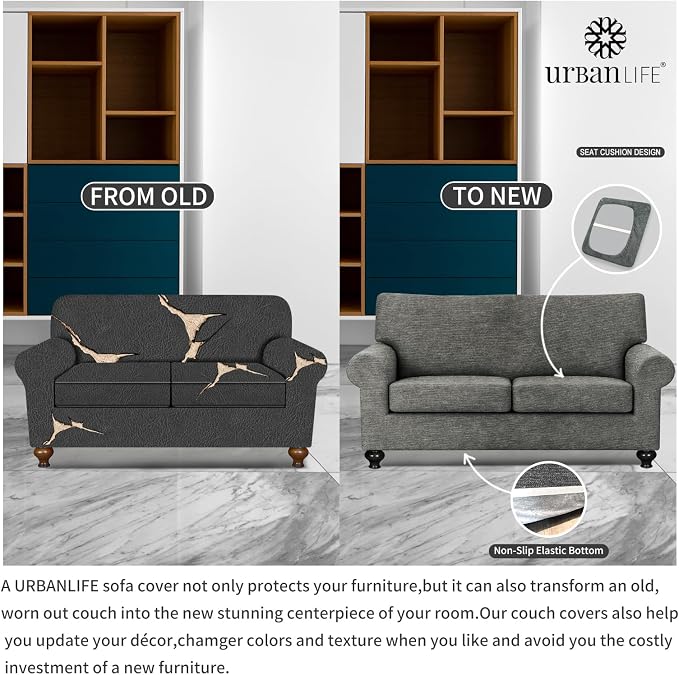 URBANLIFE 3-Piece Stretch Sofa Covers for 2 Cushion Couch, Gray | Super fitted spandex slipcovers for couches. Non-slip elastic bottom. Machine washable furniture protector for kids & pets. - Image 5