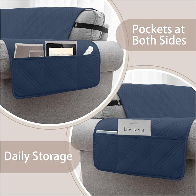 100% Waterproof Couch Cover for Dogs, Anti-Slip Washable Sofa Cover with Elastic Straps & Side Pockets, Durable Furniture Protector for Kids, Pets & Dogs (Armchair 23", Navyblue) - Image 3
