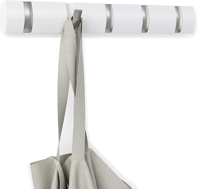 Umbra Flip Coat Rack, Wall Mounted 5-Hook Space Saving, White/Nickel | Real wood and steel build, retractable hooks fold flat, holds coats bags and scarves, easy install - Image 10