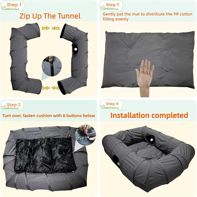 XxingSheep 4 Ways Shuttled XL Cat Tunnel Bed for Indoor Cats Peekaboo Cat Cave Donut with Cool Mat (Dark Gray) - Image 6