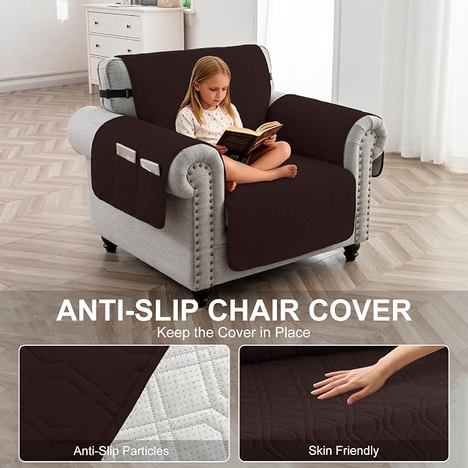 100% Waterproof Quilted Couch Cover,Straps&Pockets,23" Chocolate | Washable sofa cover, pet-friendly, scratch-resistant furniture protector, quilted sofa cover, reversible, non-slip backing. - Image 4