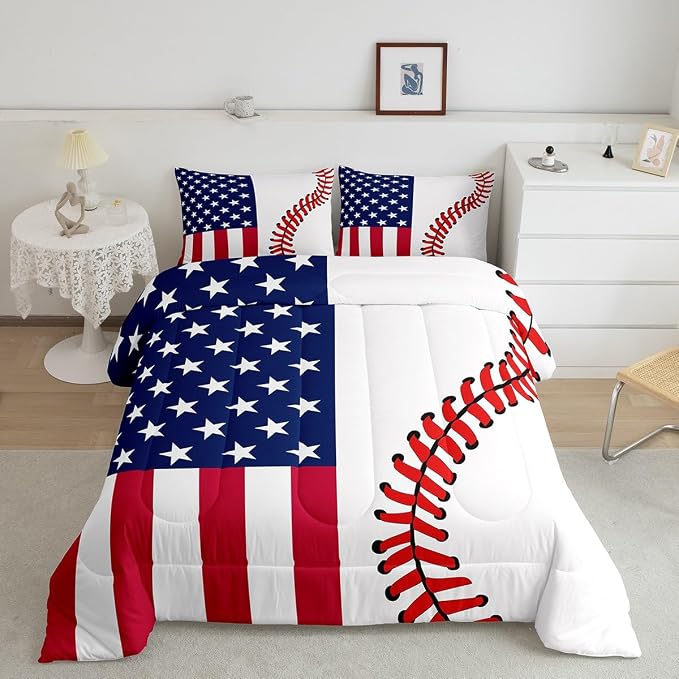 American Flag Comforter Set Queen Size,Abstract Baseball Bedding Set 3pcs for Kids Teens Boys Man Adult Room Decor,Ball Sports Games Fashion Quilt,Red & White Simple Duvet Insert with 2 Pillowcases - Image 4