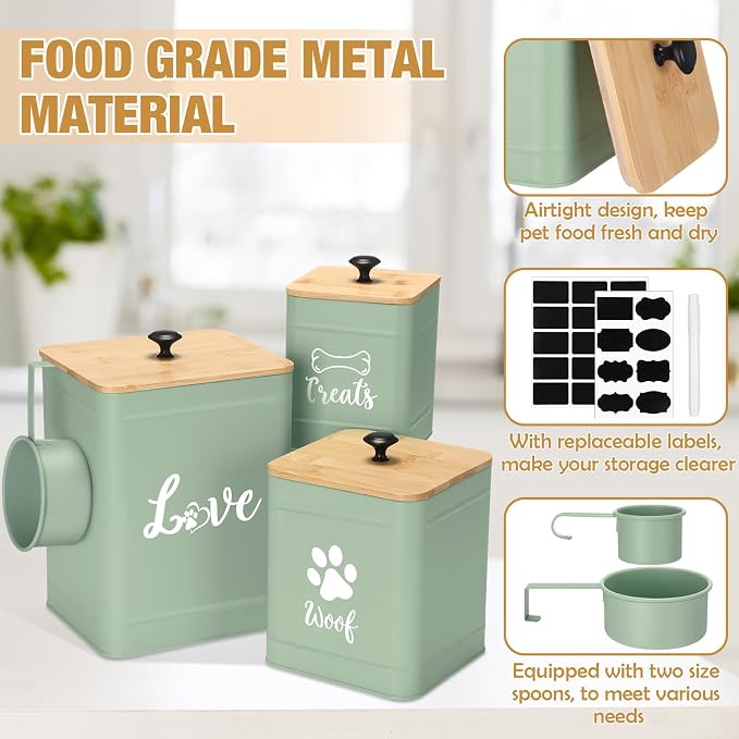 Jingmore Metal Dog Treat Containers Set of 3 with Bamboo Lids and Spoon Airtight 7+3+2 lbs Dog Food Snack Jars with DIY Labels Big Pet Cookie Storage Jar for Kitchen Counter (Sage Green,Cute) - Image 3