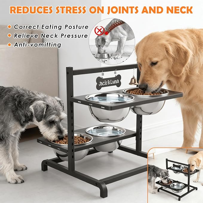 ADENGL Elevated Dog Bowl Stand with 4 Stainless Steel Bowls (1700ml/58oz) – 9 Height Adjustable Raised Pet Feeder from 4.9" to 14.5" for Large Dogs & Multi-Pet Homes, with Bone Name Tag - Image 2