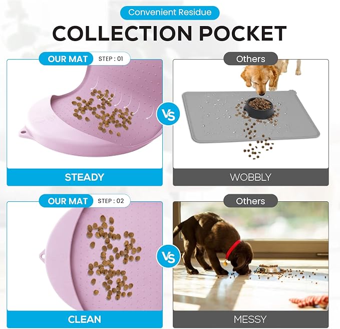 Dog Food Mat - 32” x 19” Pet Feeding Mat with Residue Collection Pocket - Large Silicone Dog Mat for Food and Water - Waterproof Dog and Cat Bowl Mat, High Edges to Prevent Spills, Light Pink - Image 3