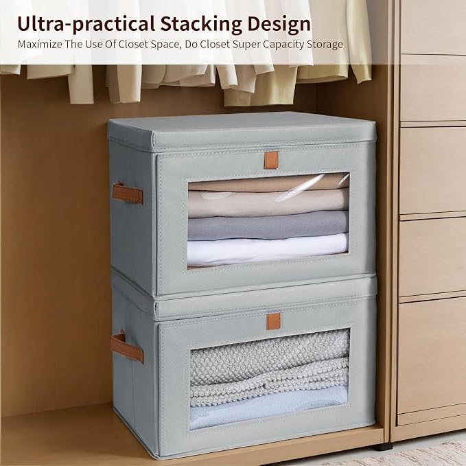 Homsorout Large Closet Storage Organizer - Clothes Storage Bins with Handles & Window, Collapsible Decorative Boxes with Lids, Fabric Containers for Living Room, Dorm, 5 Pack, Grey - Image 5