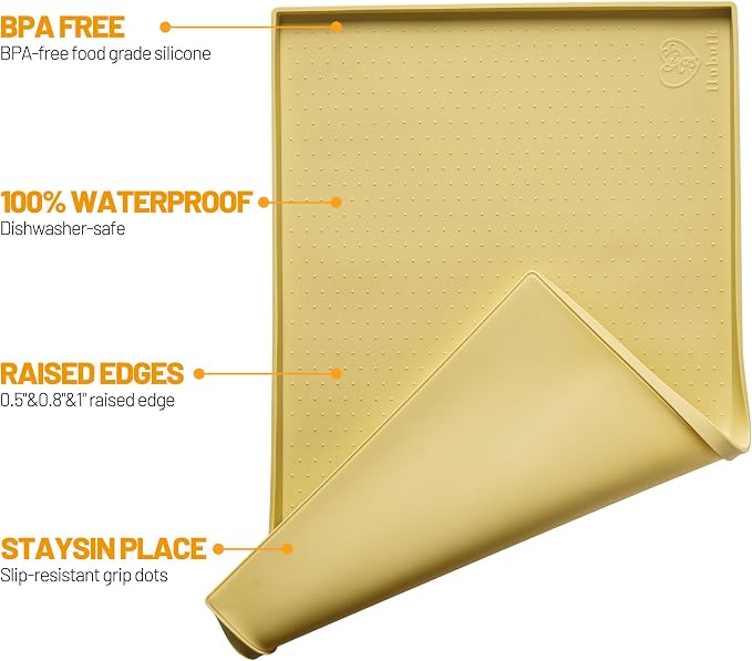 Hubulk Dog Feeding Mat,100% Waterproof Food Grade Silicone Pet Food and Water Bowl Placemat,Dishwasher, High Raised Edge to Prevent Spills,Nonslip Tray to Stop Messes on Floor (24"x16"x0.5", Yellow) - Image 2