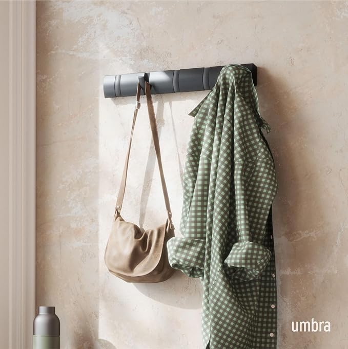 Umbra Flip Coat Rack, Wall Mounted 5-Hook Space Saving, Black/Black | Real wood and steel build, retractable hooks fold flat, holds coats bags and scarves, easy install - Image 2