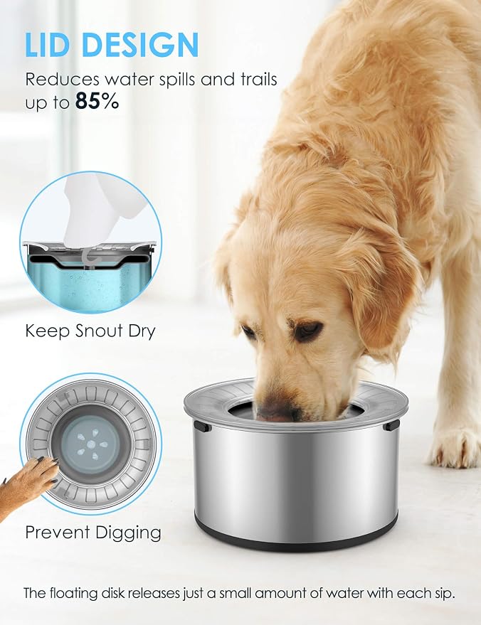 Heouvo 1 Gallon No Spill Dog Water Bowl with Slow Drink Floating Disk(Gray) | Splash-Proof Lid + Stainless Steel Bowl/Rubber Bottom/Slobber Stopper Water Bowl for Large Sloppy Messy Drinkers Reduce Mess - Image 2
