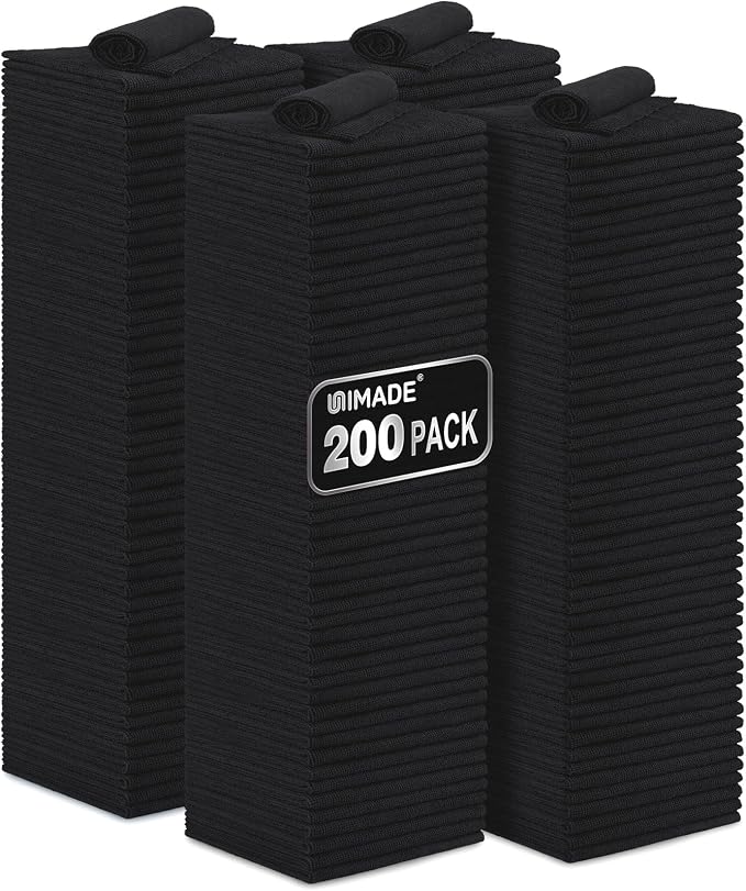UNIMADE Microfiber Cleaning Cloth, 200 Pack Microfiber Towels for Cars | Reusable Shop Rags Bulk Lint Free Cleaning Towels for Car Kitchen Automotive Bar Mechanic Garage, 11.5"x 11.5", Black by Unimade