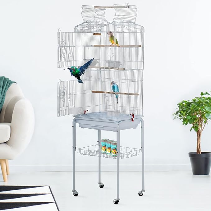 BestPet 64 inch Wrought Iron Bird Cage for Parakeets Medium Small Parrots Parakeet Cage with Detachable Rolling Stand & Play Open Top for Cockatiels Lovebird Finches Canaries,White - Image 2
