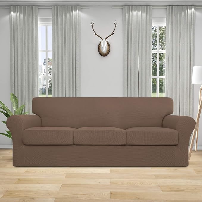 Easy-Going 4 Pieces Stretch Couch Cover Sofa Cover for Dogs Washable Sofa Slipcover for 3 Separate Cushion Couch Spandex Jacquard Fabric Elastic Furniture Protector for Pets, Kids (Brown, Sofa) - Image 2