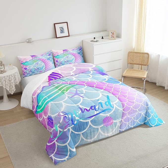 Homewish Fish Scale Comforter Set Mermaid Fish Scale Duvet Insert Watercolor Mermaid Bedding Set 2pcs for Kids Girls Soft Microfiber Quilted Duvet with 1 Pillowcase, Twin Size - Image 5