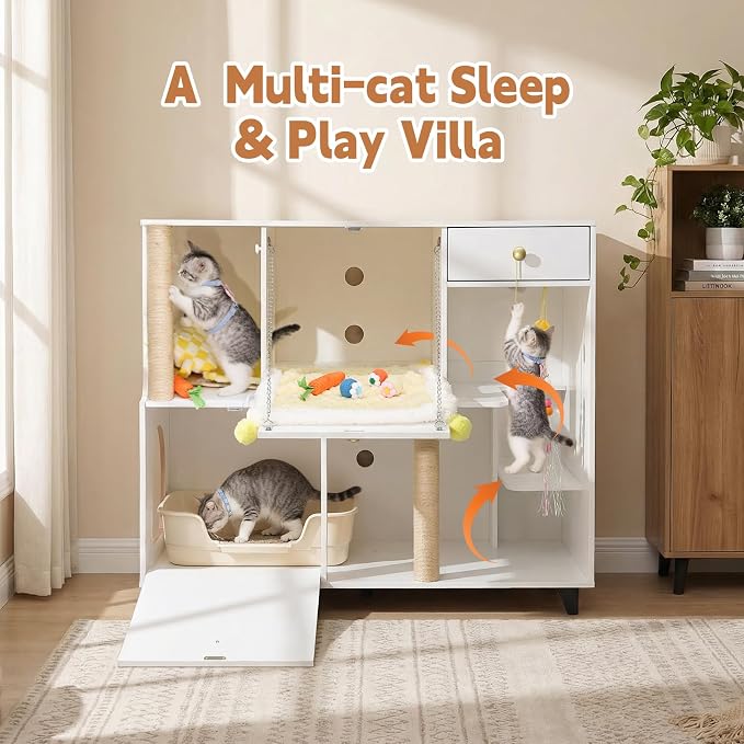 41.3"x19.7"x36.2" Double Cat Litter Box Enclosures，Hidden Litter Box Furniture with Built-in Outlet-Multi-Level 2 Cats with Scratching Post and Storage, Dual cat Litter Cabinet for 2 Litter Boxes - Image 8