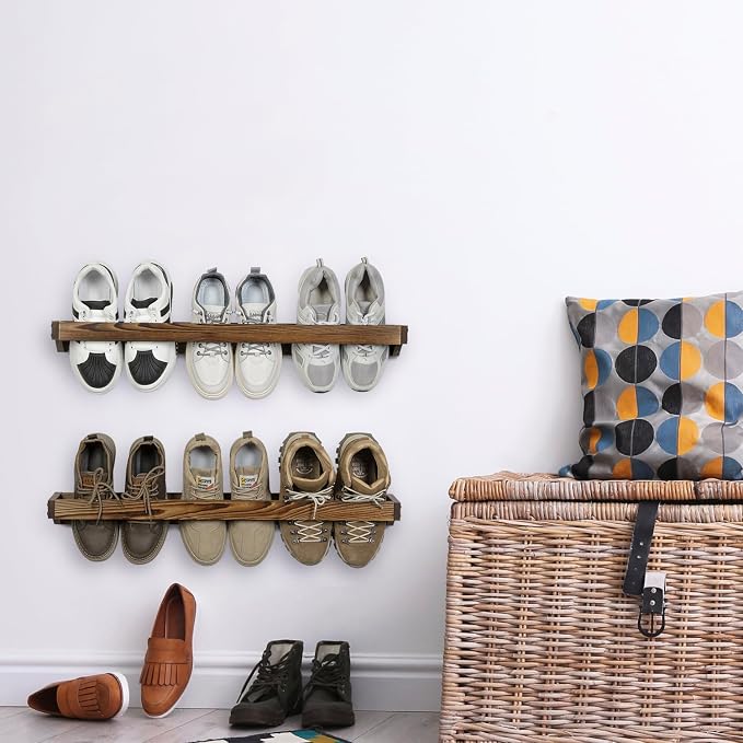 MyGift 30 Inch Rustic Burnt Wood Hanging Shoe Rack Wall Mounted Storage | Holds 6 Pairs, Two Piece Set, Space Saving Solution, Easy Installation, Home Organization, Rustic Interior Accent - Image 4