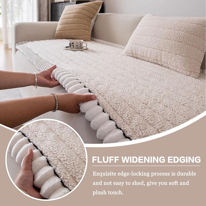 DREAMINGO Non Slip Couch Cover for Dogs Fuzzy Pet Sofa Covers Washable Thick Plush Sofa Slipcover Striped Texture Beige Cushion Protector Dog Cat Bed Mat 27.6x70.9 Inch - Image 3
