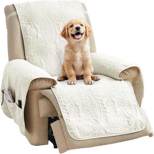 Quilted Recliner Chair Covers, Water-Repellent Slipcovers, Off White Recliner Covers Stay in Place, Pet Friendly ReclinerCover for Dogs, Washable Chair Covers (Recliner 22", Ivory White) by Pamhaven