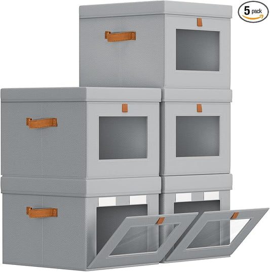 Homsorout Storage Bins with Lid – Closet Organizer with Side Opening and Clear Window, Foldable Stackable Fabric Basket for Clothes, Home, Office - 13.77" x 11.8" x 9.8", 5 Pack, Grey by Homsorout