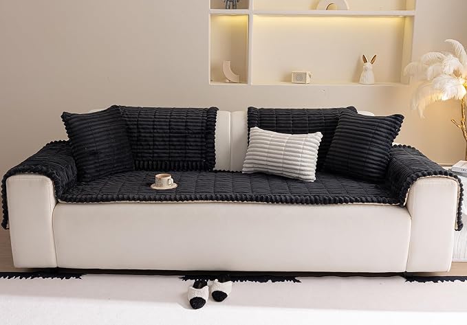 vctops Striped Couch Cover Super Soft Corduroy Sectional Sofa Cover Washable Non Slip Sofa Slipcover Furniture Protector for Kid Dog Pet,1 Piece (Black,24"x59") - Image 3