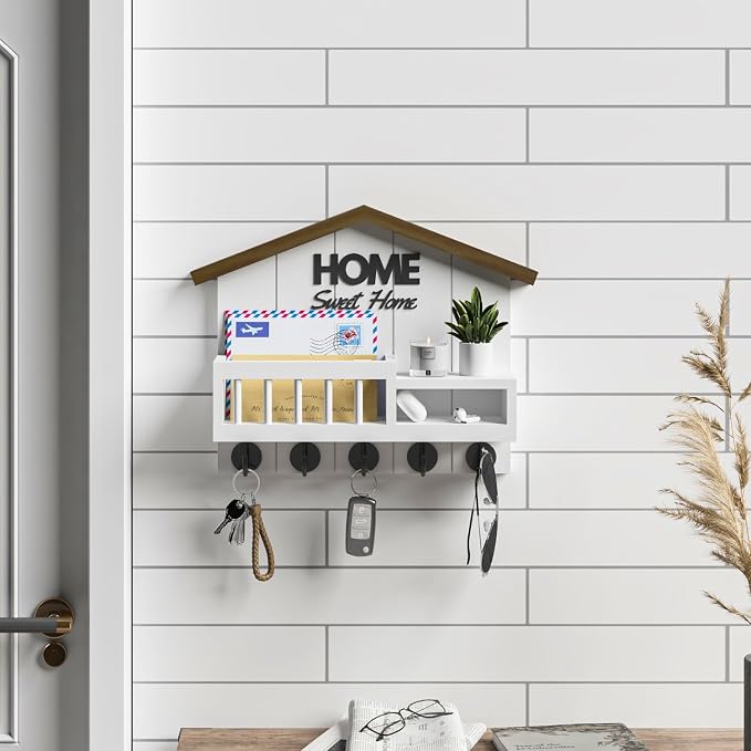 Key and Mail Holder for Wall, Wall Key Holder with Shelf, Key Rack Wall Mount, Wood Key Holder Wall Mount White, Mail Organizer Wall Mounted, Entryway & Front Door Key Holder with 5 Hooks - Image 4