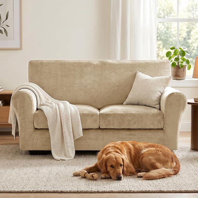 XINEAGE 3-Piece Velvet Loveseat Sofa Cover, Couch Covers for Dog,Camel | 2 Cushion Loveseat,Stretch Non-slip Elastic, Pet-friendly, Washable, Fast Setup, Soft Plush Fabric, Furniture Protector. - Image 4