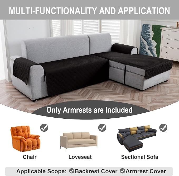 Genina Sofa Armrest Cover, Anti-Slip Armchair Slipcovers for Dogs Cats Pet, Water Resistant Couch Arm Cover for Backrest Recliner Loveseat, L Shaped Sofa, 23.6 x 27.5 Inches（2 Pieces） - Image 2