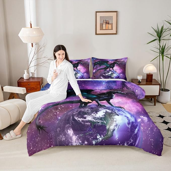 Erosebridal Dragon Bedding Set Purple Nebula Comforter Set Twin Size Mysterious Outer Space Duvet Set Trippy Bedding Set for Kids Boys Girls Teens Room Decor, Safari Wildlife Animals Quilt Set - Image 4