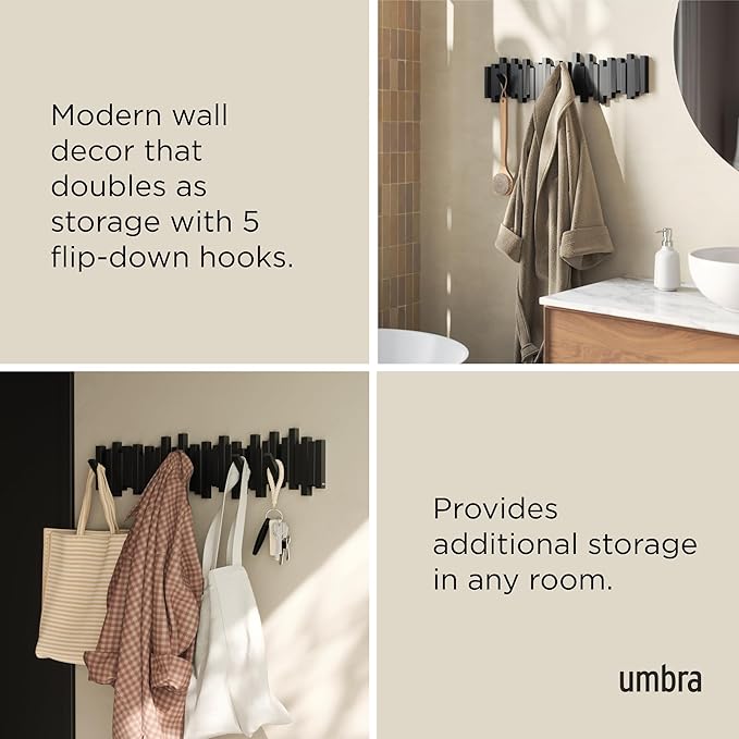 Umbra Sticks Wall Coat Rack, Wall Mount 8 Retractable Hooks, Black | Modern sculptural look, holds five pounds each, fits entryways and bedrooms, easy to install, recycled plastic - Image 4