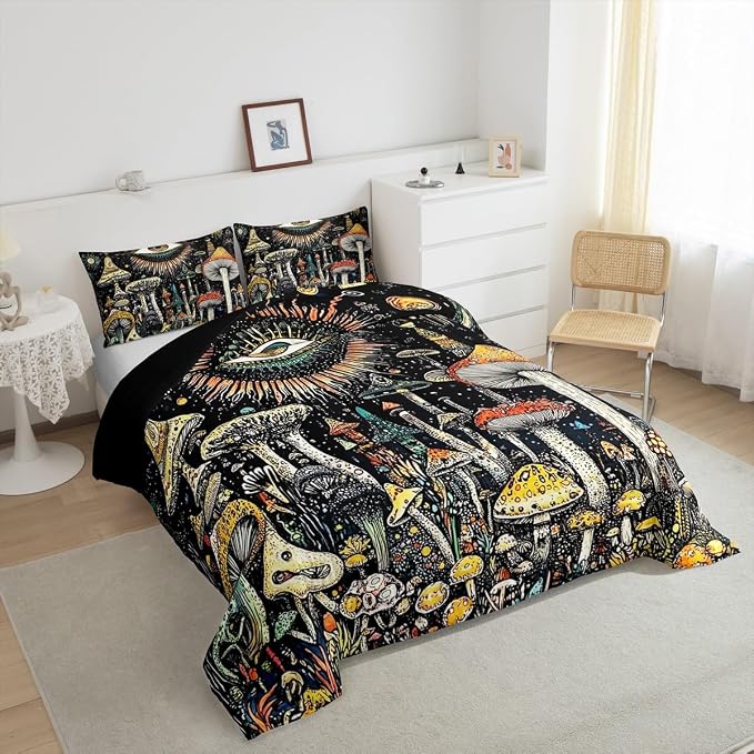 Watercolor Mushroom Comforter Sets Toddler Size,Nature Burgundy Plant Bedding Comforter for Kids Girls Boys,Botanical Leaves Starry Quilt Sets for Bedroom Decor,Duvet Insert,1 Pillowcase,Black Yellow - Image 6