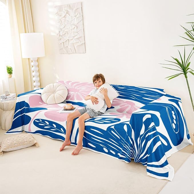 Erosebridal Pink Blue Flower Sofa Cover Boho Floral Couch Cover Abstract Retro Minimalist Sofa Slipcover for Couches and Sofas Vintage 70S Modern Washable Non Slip Sofa Protector, 71" X 150" - Image 4