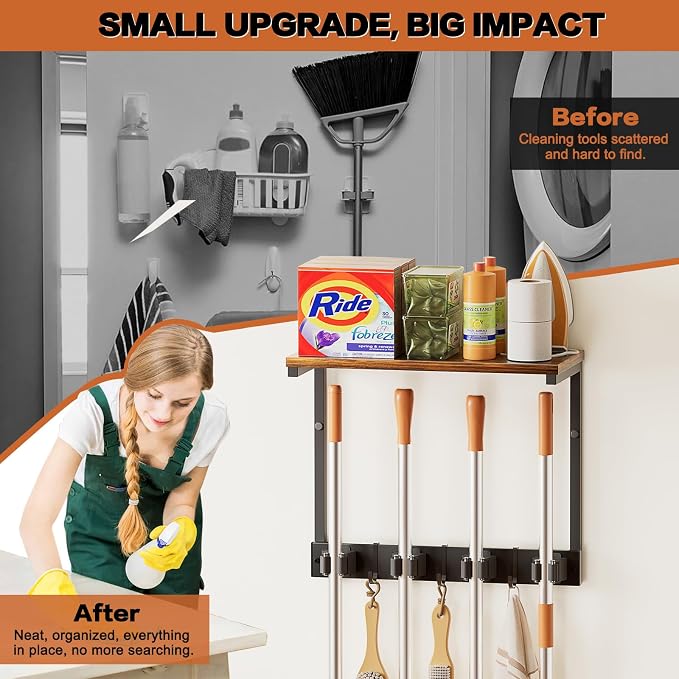 Broom Holder Wall Mount with Cleaning Supplies Organizer, Laundry Room Organization and Storage Shelves, Mop Hanger Broom Rack with Hooks, Home Improvement Kitchen Shelf Garage Organizer - Image 5