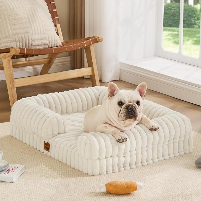 ChiXnuggle Faux Fur Orthopedic Dog Bolster Bed, Waterproof Washable Cover | rectangular dog sofa couch,egg crate foam,non-slip bottom,for small medium dogs,cream,30*24*7,puppy bed - Image 9