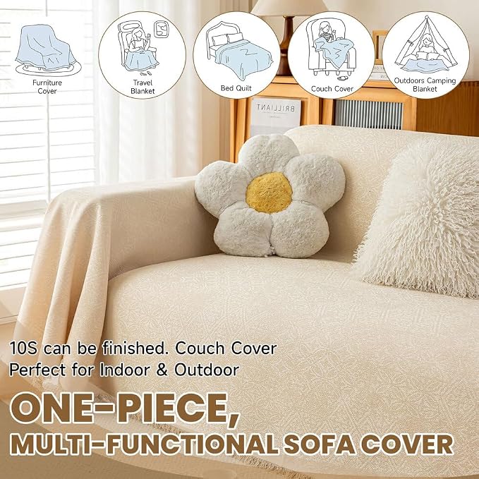 ROOMLIFE Boho Beige Couch Cover for Dogs, Washable Non Slip Furniture Protector Couch Sofa Covers for 3 Cushion Couch, Soft Breathable Sofa Slipcovers Couch Cover Throw Blanket with Tassels71''X118'' - Image 7