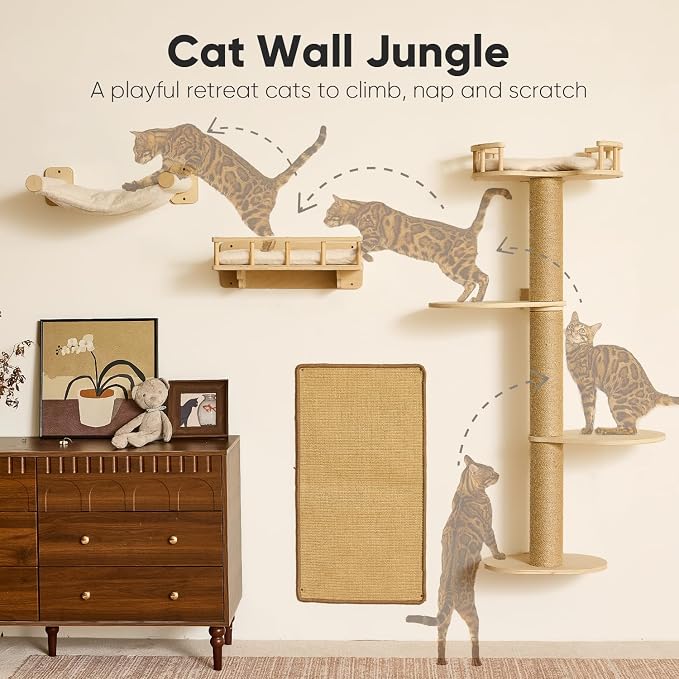 FUKUMARU Cat Wall Shelves, 4 in 1 Set, Beige | Stable Wooden Wall-Mounted Furniture Set, Climbing Tree with Hammock, Bed, Perch and Scratching Mat - Image 2