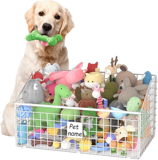 Indestructible Dog Toy basket, Large Toy Box for Dogs,Pet Toy Bin Dog Metal Basket for Toys, Toy Storage Organizer, Toy Box for Living Room Area (White) by Kaiferty