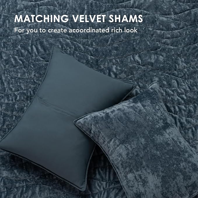 EverGrace Luxury Wave Crushed Velvet Quilt Set, King Size, Stormy Blue | Luxurious Soft, Lightweight Velvet Comforter, Cozy Plush Oversized Bedspread Coverlet for All Season, with 2 Shams - Image 6