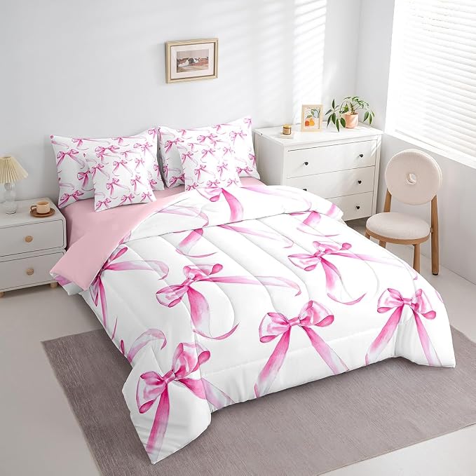 Erosebridal 7 Piece Bowknot Bedding Set Queen,Modern Pink Bow Tie Kids Comforter Set for Boys Girls,Dreamy Princess Style Quilt Set,Watercolor Bows Sheet Set Girly Valentine Decor - Image 3