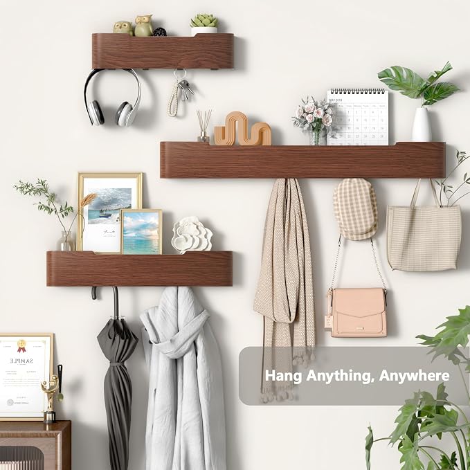 Wall Mounted Coat Rack with Shelf, Wooden Entryway Organizer with Hidden Metal Hooks for Hanging Coats Bags Keys, Modern Floating Shelf for Hallway Bathroom - Image 2