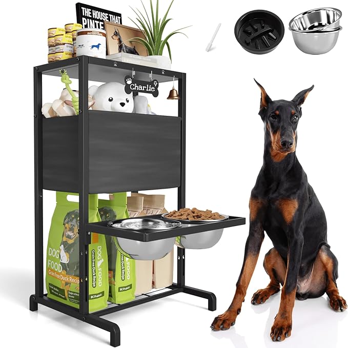 Elevated Dog Bowls: Height Adjustable Raised Dog Stand (4.5'' to 12'') 2 * 1700ml Stainless Steel Bowls + Slow Feeder, Feeding Station w/Storage Organizer & Toy Basket for Medium/Large Breeds by SHAINFUN