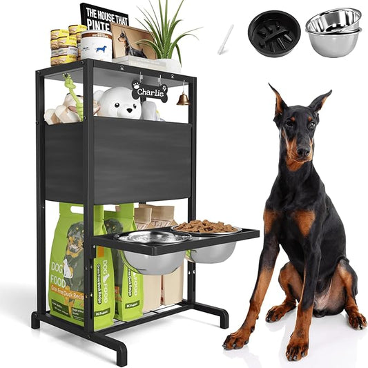 Elevated Dog Bowls: Height Adjustable Raised Dog Stand (4.5'' to 12'') 2 * 1700ml Stainless Steel Bowls + Slow Feeder, Feeding Station w/Storage Organizer & Toy Basket for Medium/Large Breeds by SHAINFUN