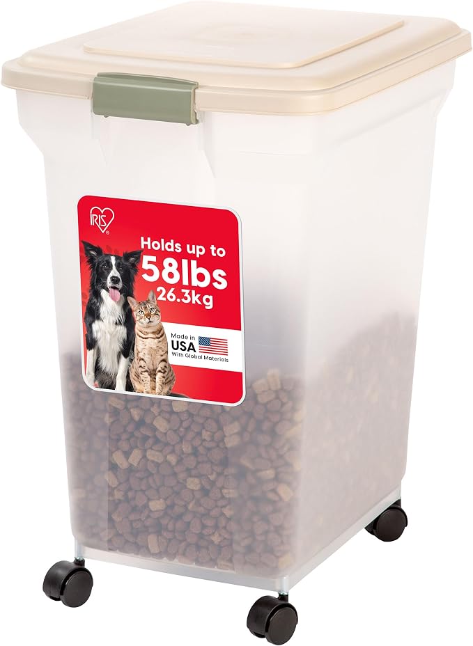 IRIS USA Dog Food Storage Container 58 lbs, Attachable Wheels, for Dog Cat Birds and other Pets, Food Storage Bin, Keep Fresh, Easy Mobility, BPA Free - Made in the USA, Almond/Clear by IRISUSA